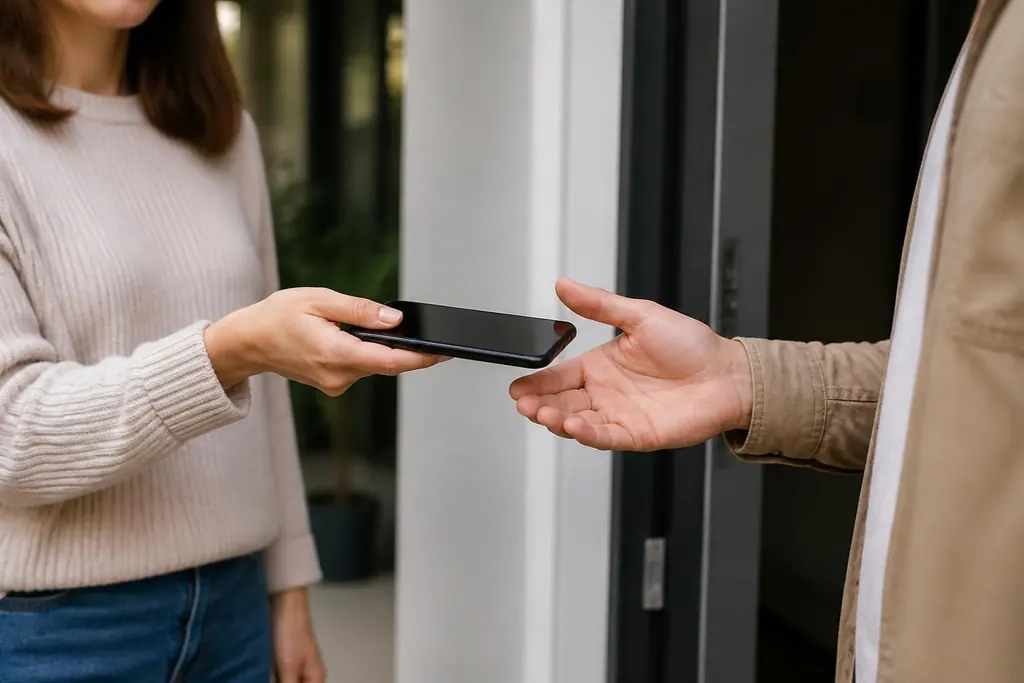 Uma pessoa entrega o celular para outra na porta de casa